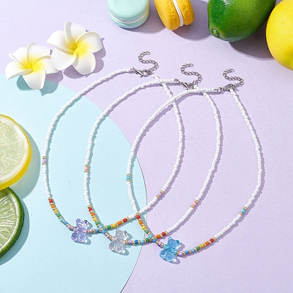 3 PCS Bear Shape Acrylic Beaded Necklaces, with Glass Seed Beads