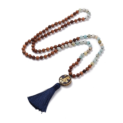 108 Mala Prayer Beads Necklace, Grooved Guan Yin Flat Round with Tassel Pendant Necklace, Round Natural Flower Amazonite & Wood Beads Necklace