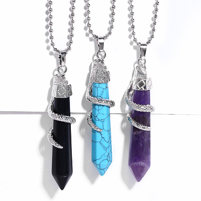 Natural Stone Bullet Pendant with Agate Crystal and Hexagonal Prism Necklace