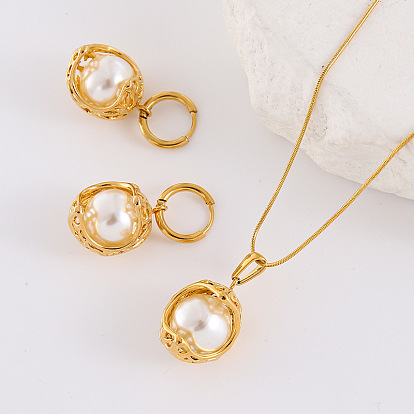 Круглые 304 серьги-кольца из нержавеющей стали и комплекты ожерелий с подвесками, с жемчугом из раковины 
