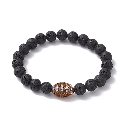 8.5mm Round Synthetic Lava Rock Stretch Bracelets, Rugby Handmade Polymer Clay Rhinestone Bracelets for Women Men