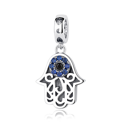 925 Sterling Silver European Dangle Charms, with Cubic Zirconia, Large Hole Pendants, Palm with Evil Eye
