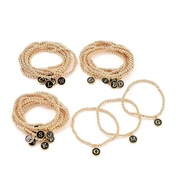 Alphabet Style Brass Stretch Charm Bracelet Sets, with Alloy Enamel Charms