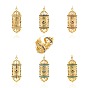 Brass Bead Cage Pendants, Column with Cubic Zirconia, Golden