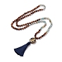 108 Mala Prayer Beads Necklace, Grooved Guan Yin Flat Round with Tassel Pendant Necklace, Round Natural Flower Amazonite & Wood Beads Necklace