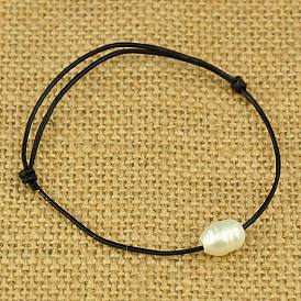 En cuir de vachette cordon bracelets, avec b perle des perles d'eau douce naturel de qualité, blanc, réglable, diamètre: 50~80 mm