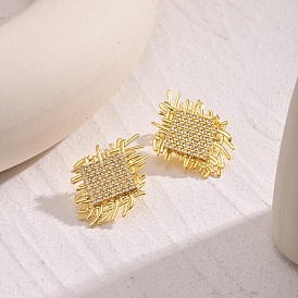 Brass Micro Pave Clear Cubic Zirconia Stud Earrings for Women, Woven Rhombus