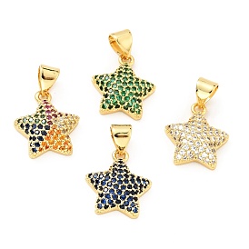 Brass Micro Pave Cubic Zirconia Pendants, Real 18K Gold Plated, Long-Lasting Plated, Lead Free & Cadmium Free & Nickel Free, Star