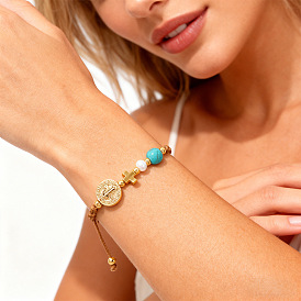 Браслеты из латуни с медальоном Святого Бенедикта и крестом, украшенные синтетическими бирюзовыми бусинами., регулируемые браслеты шнур