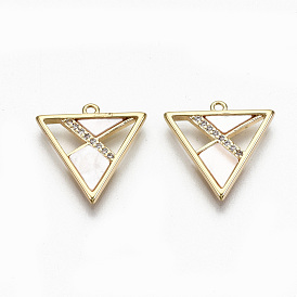 Brass Micro Pave Clear Cubic Zirconia Pendants, with Shell, Nickel Free, Real 18K Gold Plated, Triangle