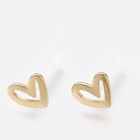 Brass Stud Earrings, Real 18K Gold Plated, with Raw(Unplated) Silver Pins and Plastic Protector, Heart