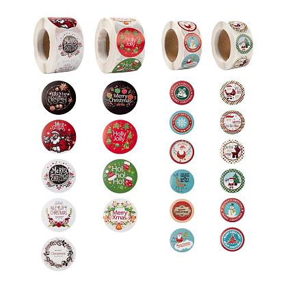 6 Rolls 4 Style Flat Round Christmas Theme Tag Stickers, Self-Adhesive Paper Gift Tag Stickers, for Party Decorative Presents