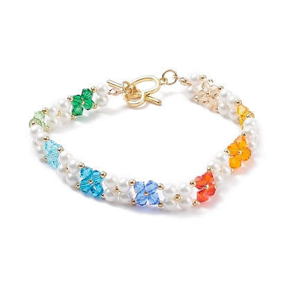Shell Pearl & Glass Braided Flower Beaded Bracelet, Brass Wire Wrap Bracelet for Women