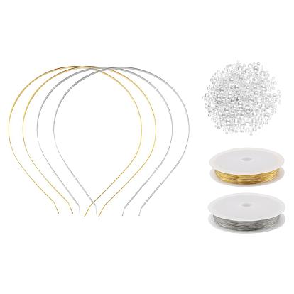 Kits de fabrication de bande de cheveux de perle d'imitation de bricolage, 20 résultats de bande de cheveux en fer, 1000 pcs ABS perles rondes en plastique, 2 rouleaux de fil de bijoux en cuivre