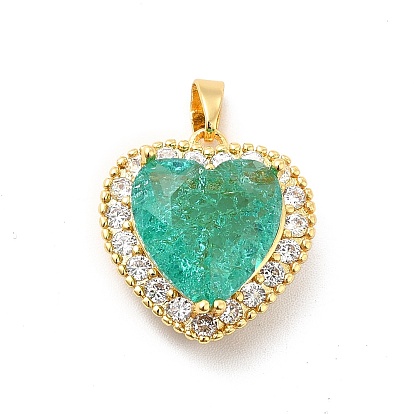 Brass Micro Pave Clear Cubic Zirconia Pendants, with Faceted Glass, Heart Charm