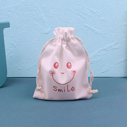 Printed Cotton Cloth Storage Pouches, Rectangle Drawstring Bags, for Candy Gift Bags, White