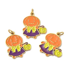 Halloween Ion Plating(IP) 304 Stainless Steel Pendants, with Enamel and Jump Ring, Golden, Human with Pumpkin Charm