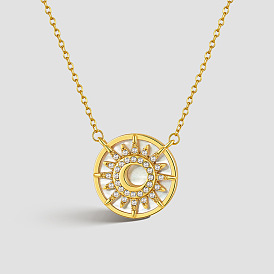 316 Surgical Stainless Steel Micro Pave Clear Cubic Zirconia Sun with Moon Pendant Necklaces for Women, with Natural White Shell