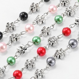 Handmade Round Glass Pearl Beads Chains for Necklaces Bracelets Making, with Tibetan Style Alloy Flower Links and Iron Eye Pin, Unwelded, 39.3 inch
