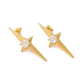Clear Cubic Zirconia Star Stud Earrings, Rack Plating Brass Jewelry for Women, Cadmium Free & Lead Free
