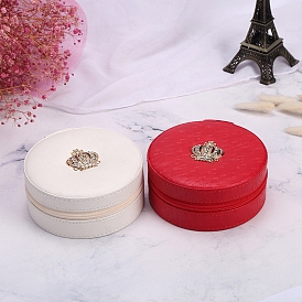 PU Leather Jewelry Box, Travel Portable Jewelry Case, Zipper Storage Boxes with Mirror Inside, for Necklaces, Rings, Earrings and Pendants, Flat Round with Crown