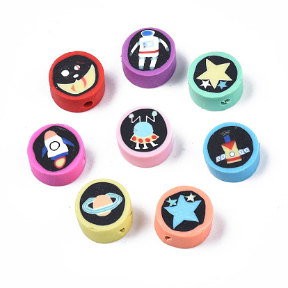 Handmade Polymer Clay Beads, Flat Round with Space Theme Pattern
