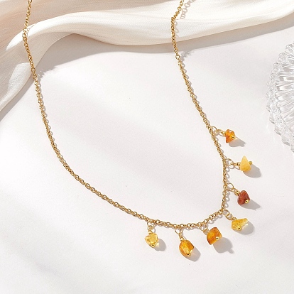 Ожерелье-нагрудник с подвеской из натурального янтаря и цепочкой из нержавеющей стали.