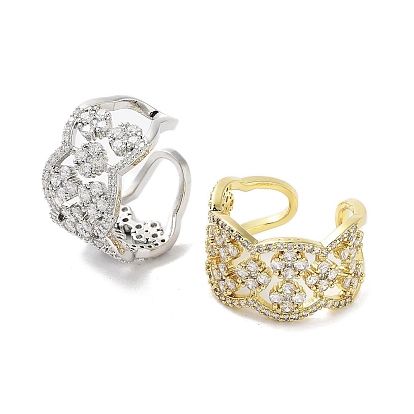 Rack Plating Brass Micro Pave Cubic Zirconia Cuff Rings, Long-Lasting Plated for Women, Lead Free & Cadmium Free