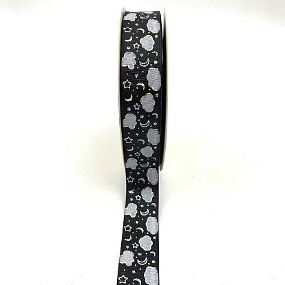Silver Hot Stamping Cloud Moon Star Pattern Polyester Grosgrain Ribbons, for Hair Bowknots, Gift Packaging Decoration