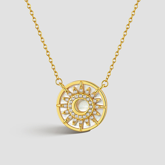 316 Collares con colgante de sol y luna de acero inoxidable quirúrgico con microengaste de circonita cúbica transparente para mujer, con cáscara blanca natural