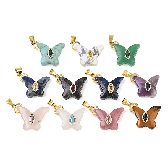 Natural Gemstone Pendants, Butterfly Charms with Brass Micro Pave Cubic Zirconia Findings, Golden