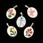 Handmade Porcelain Pendants, with 304 Stainless Steel Snap on Bails, Hand Painted, Oval with Art Pattern Charms