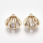 Brass Cubic Zirconia Charms, Hollow, Shell, Clear, Real 18K Gold Plated