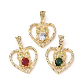 Brass Micro Pave Clear Cubic Zirconia Pendants, Heart with Owl Charms, Golden
