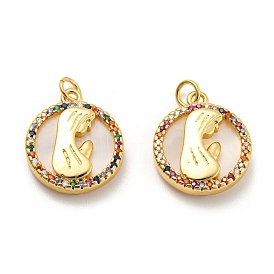 Brass Cubic Zirconia  with Shell Pendants, with Jump Ring, Long-Lasting Plated, Lead Free & Cadmium Free, Flat Round