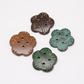 Ethnic Garment Accessories Wood Findings 4-Hole Coconut Sewing Buttons, Dyed, Flower, 26~28x4~5mm, Hole: 2mm