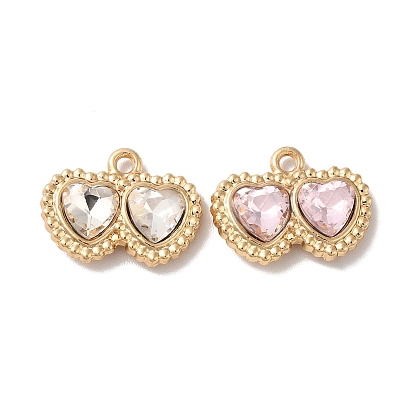 Rack Plating Alloy Pandants, with Glass, Nickel Free, Double Heart Charms, Golden