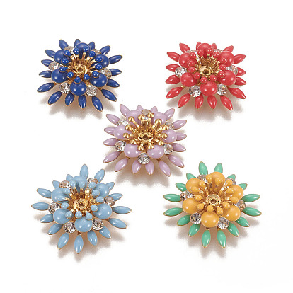 Шапочки и конусы для бусин, латунные, с эмалью и стразами, цветок