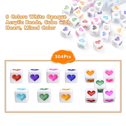 304pcs 8 couleurs perles acryliques opaques blanches, cube avec le coeur