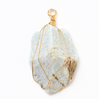 Rough Raw Natural Gemstone Pendants, Wire Wrapped Pendants, with Golden Plated Copper Wire, Nuggets