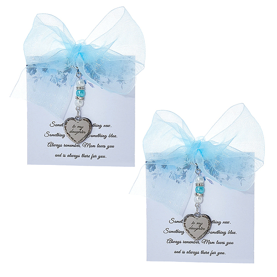 2 Bags Alloy Heart & Polyester Bowknot Pendant Decorations, with Gift Card