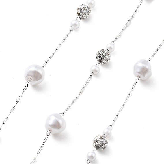 Цепочки из нержавеющей стали ручной работы 304, с полимерными стразами и искусственным жемчугом из АБС-пластика, пайки, круглые, с катушкой