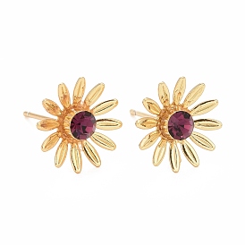 Brown Cubic Zirconia Sunflower Stud Earrings, Rack Plating Brass Jewelry for Women, Cadmium Free & Lead Free & Nickle Free
