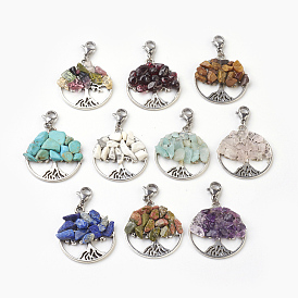 Pendant Decorations Sets, Synthetic/Natural Mixed Stone Chip Beads with Alloy Pendants, Stainless Steel Findings, Tree of Life, Antique Silver & Stainless Steel Color