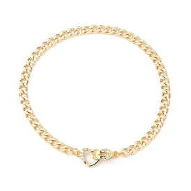 Brass Curb Chain Bracelets, with Heart Brass Micro Pave Clear Cubic Zirconia Fold Over Clasps