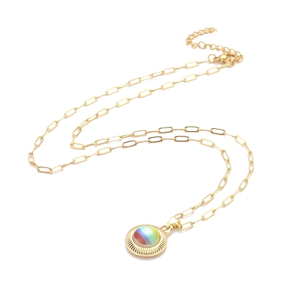 Rainbow Color Pride Necklace, Glass Half Round Pendant Necklace with Alloy Paperclip Chain for Women
