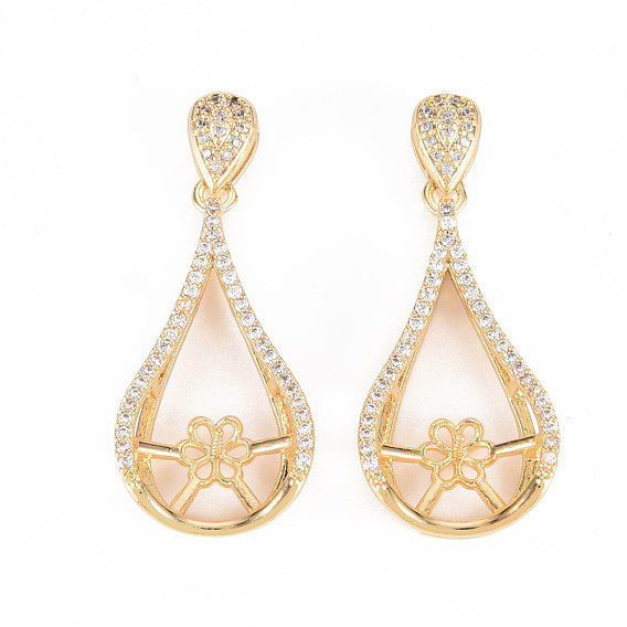 Brass Micro Pave Clear Cubic Zirconia Peg Bails Pendants, for Half Drilled Bead, Nickel Free, Teardrop