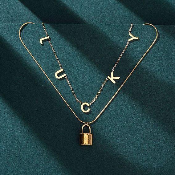304 Двухслойные ожерелья с подвеской в виде замка удачи из нержавеющей стали для женщин, ионное покрытие (ip)