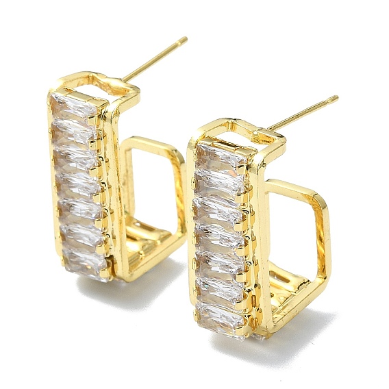 Rectangle Brass Micro Pave Cubic Zirconia Stud Earrings, Half Hoop Earrings, Long-Lasting Plated