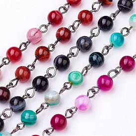 Agate rayée naturelle teintée à la main / chaînes en perles d'agate cerclée, non soudée, pour colliers bracelets de décision, avec épingle à œil en laiton, gris anthracite